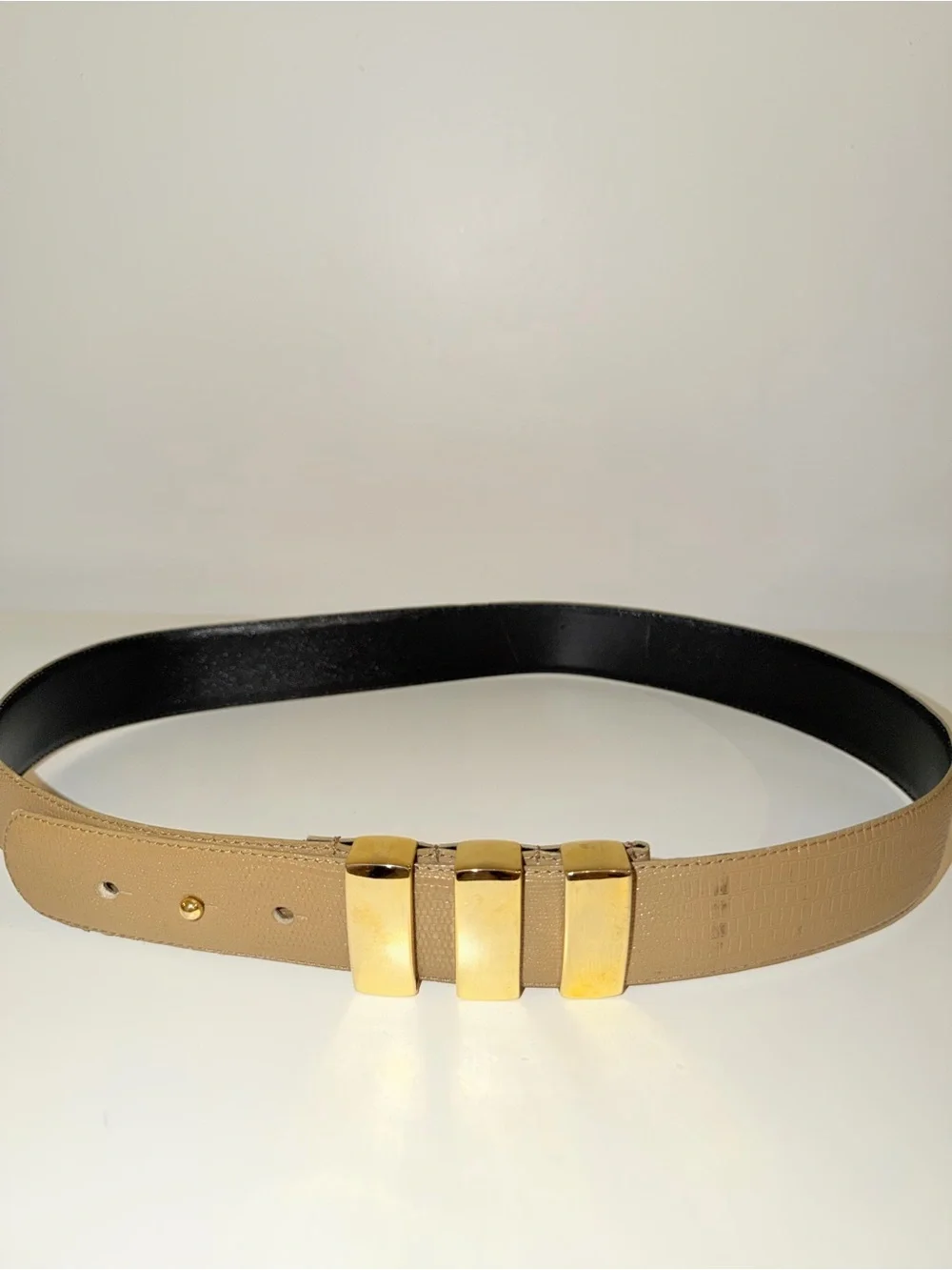 Tan Faux Leather Embossed Croc Belt with Gold Buckle Accents